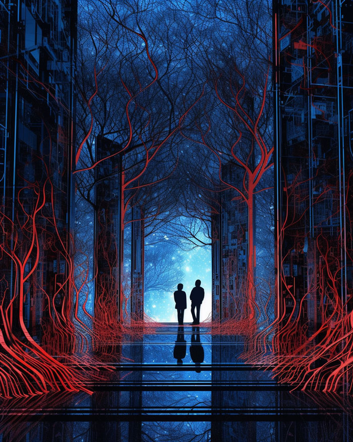 digital art, silhouette of a couple, corridor with red illuminated trees