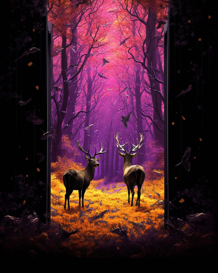 futuristic digtal art, two deers in the forrest illuminated with yellow and violet light