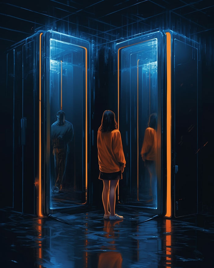 futuristic digital art, a young white girl standing in front of two big containers