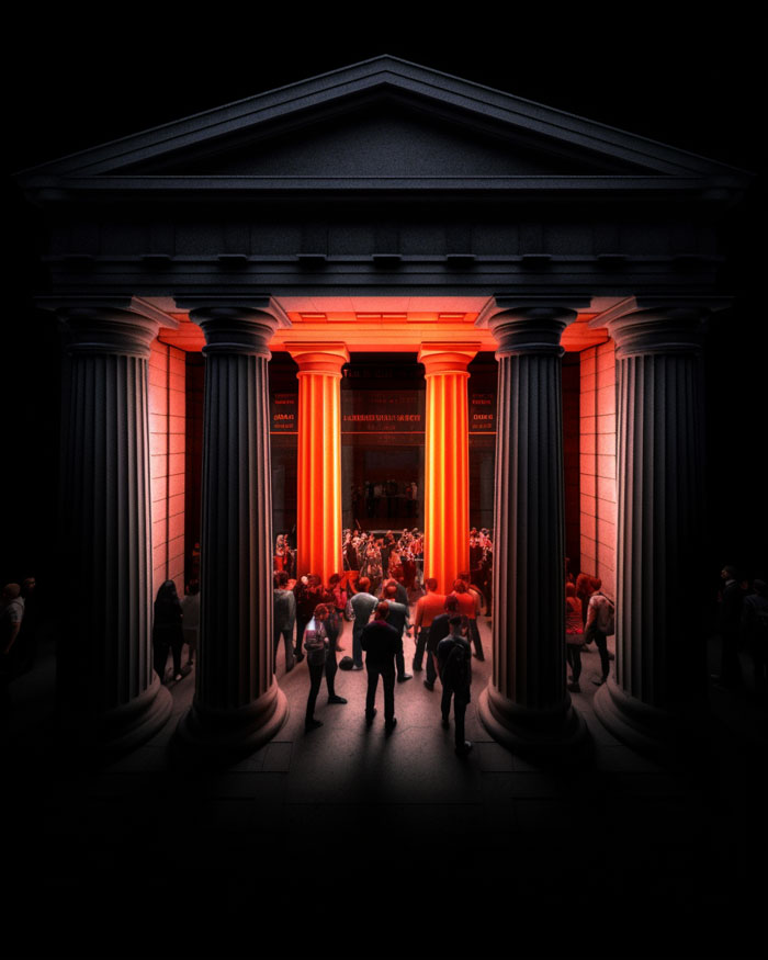 futuristic digital art, a group of people gathered in an old roman style building