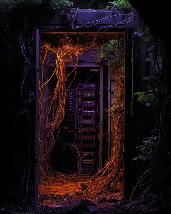 futuristic digital art, a room with computer servers covered in roots and flora