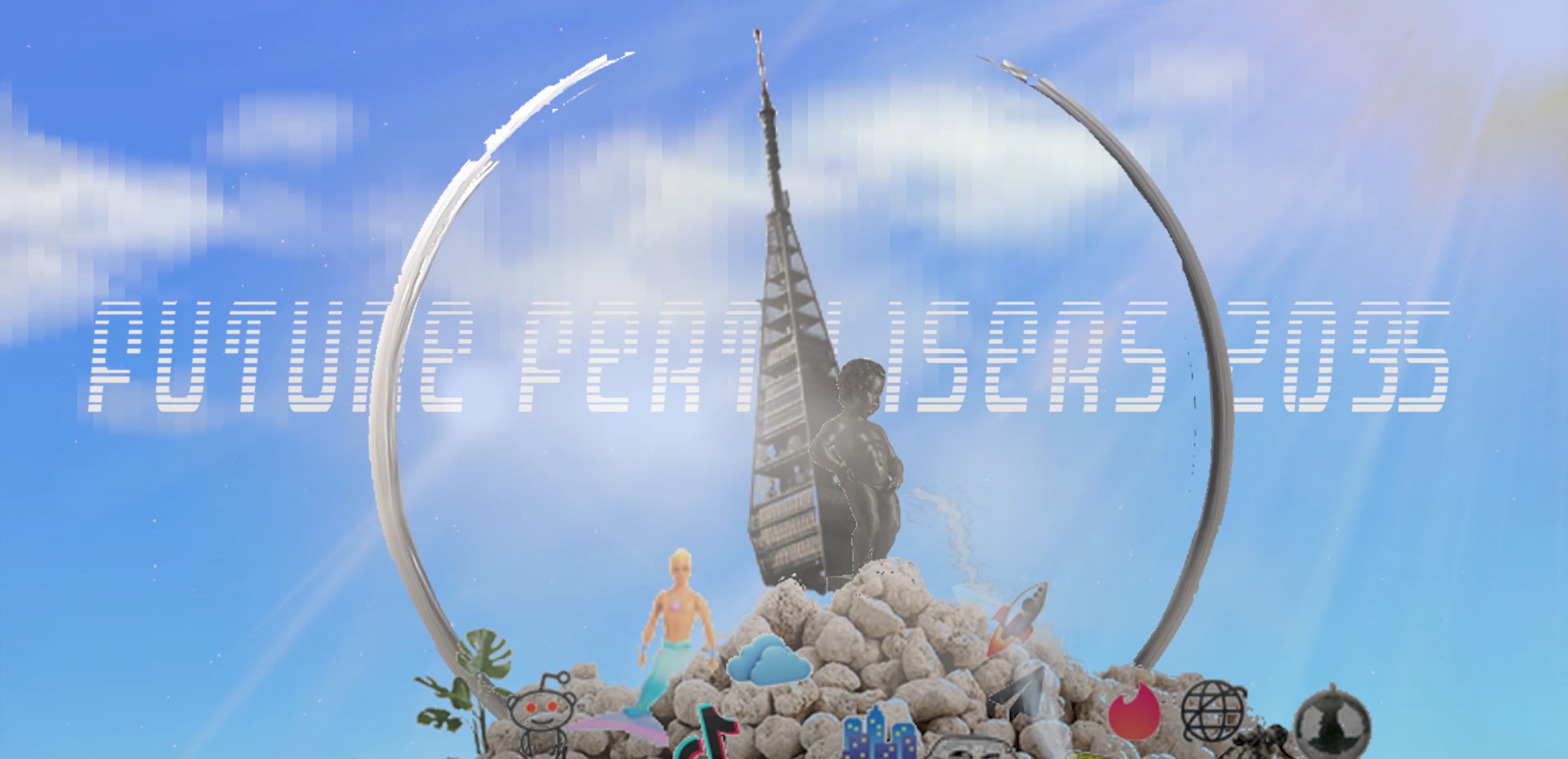 text "future fertilisers", blue sky, Bratislava television tower and Manneken pis on the top app logos and stones