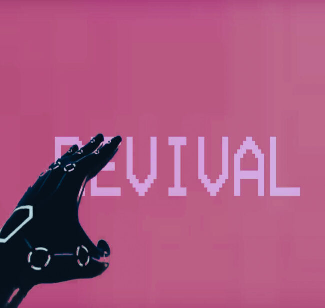 pink background with light pink text "REVIVAL", a black robotic hand pointing